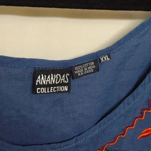 Anandas Boho Embroidered Tunic Top Navy Blue Fringe Hem Festival Style - Picture 5 of 7